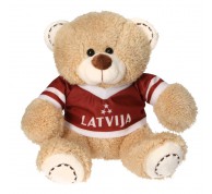Mīksts plīša lācis ar Latvijas karoga krāsu kreklu